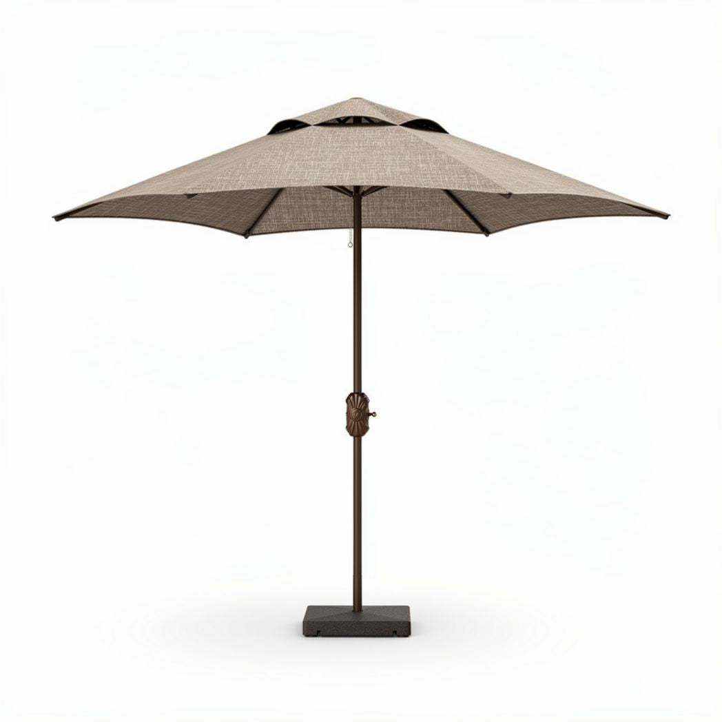 Parasola met een diameter van 300 cm in beige polyester met een stevige metalen voet