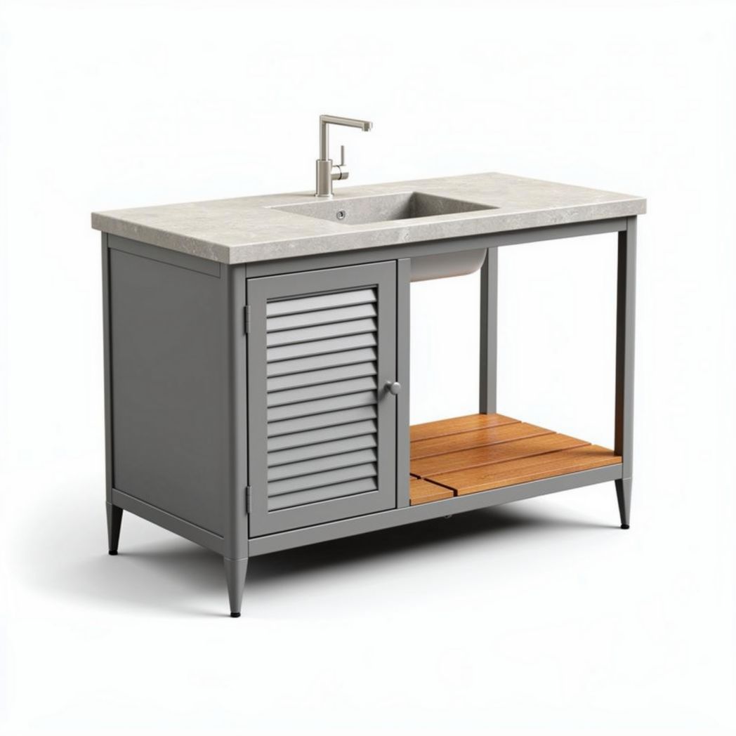 Buitenkeuken met spoelbak van beton en stalen frame 150 x 60 x 90cm