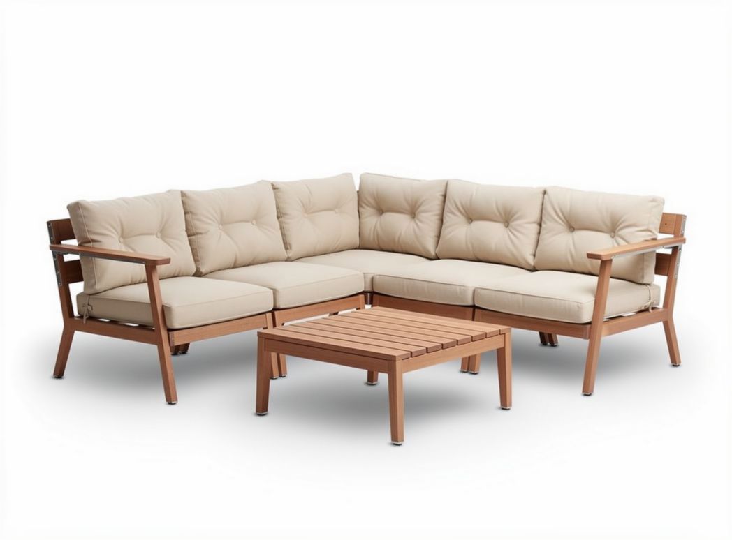 L-vormige tuinset van acaciahout met beige kussens 240 x 90 x 80cm