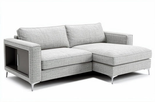 Hoekbank van lichtgrijs stof met open opbergvak 200 x 90 x 75cm