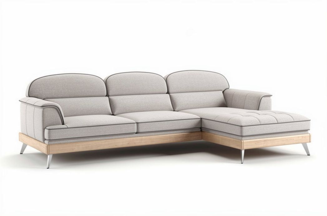 L-vormige klassieke bank met stoffen bekleding en houten onderstel 240 x 95 x 90cm