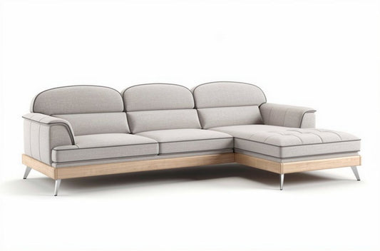 L-vormige klassieke bank met stoffen bekleding en houten onderstel 240 x 95 x 90cm